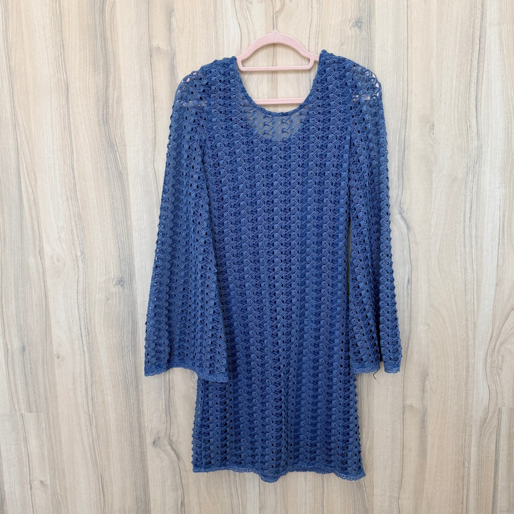 Esley Crochet Mini Dress M Blue Flare Long Sleeve Boho Festival Coastal Summer